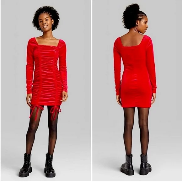 Juniors XXL Red Velvet Double Ruched Party Dress - Picture 1 of 5